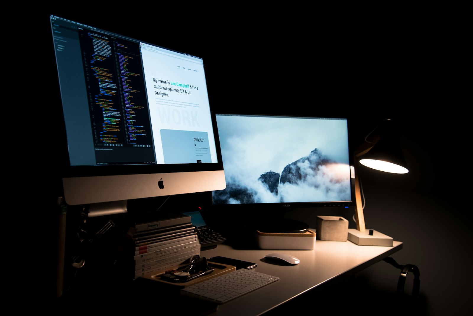 Clean web design workspace showing a website layout and design tools
